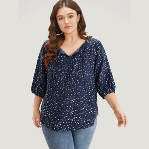 NWT BloomChic Indigo Polka Dot Knot Neck Arc Hem Blouse Size 28/5X